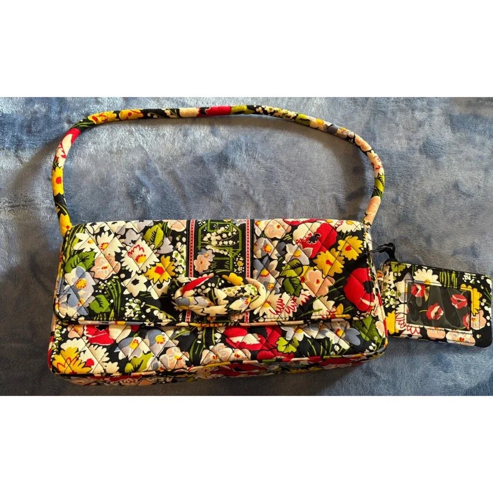 Vera Bradley Village Floral Quilted Tote‎ Bag Shoulder Bag with ID Case Black